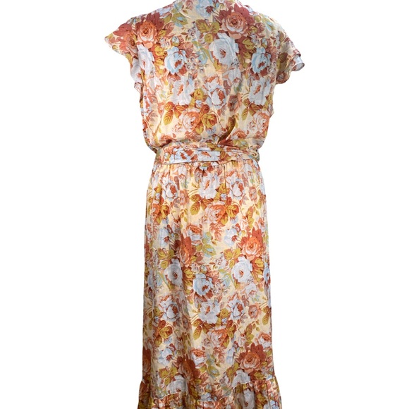 LC Lauren Conrad Blue & Peach Floral Midi Dress Size L, Ruffle Sleeve - Picture 4 of 7